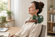 Woman relaxing at a desk wearing the massage shawl